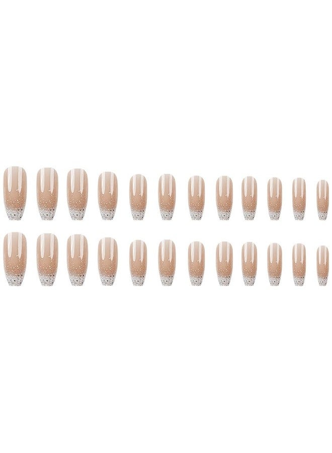 TOGZOM Ombre Press on Nails Short Coffin Nude Acrylic Glitter Glue on Medium Gradation False Glossy Nature Stick on for Women Girls Manicure 24Pcs - Image 5